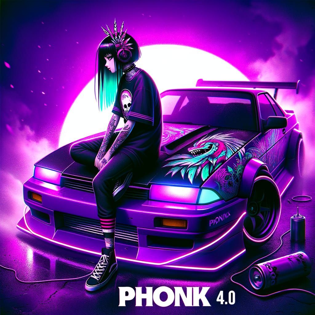1024x1024 A Phonk Album Cover Featuring A Drift Car With An Emo Inspired Girl Sitting On The Hood, Surrounded By A Purple Atmosphere With The Title 'P