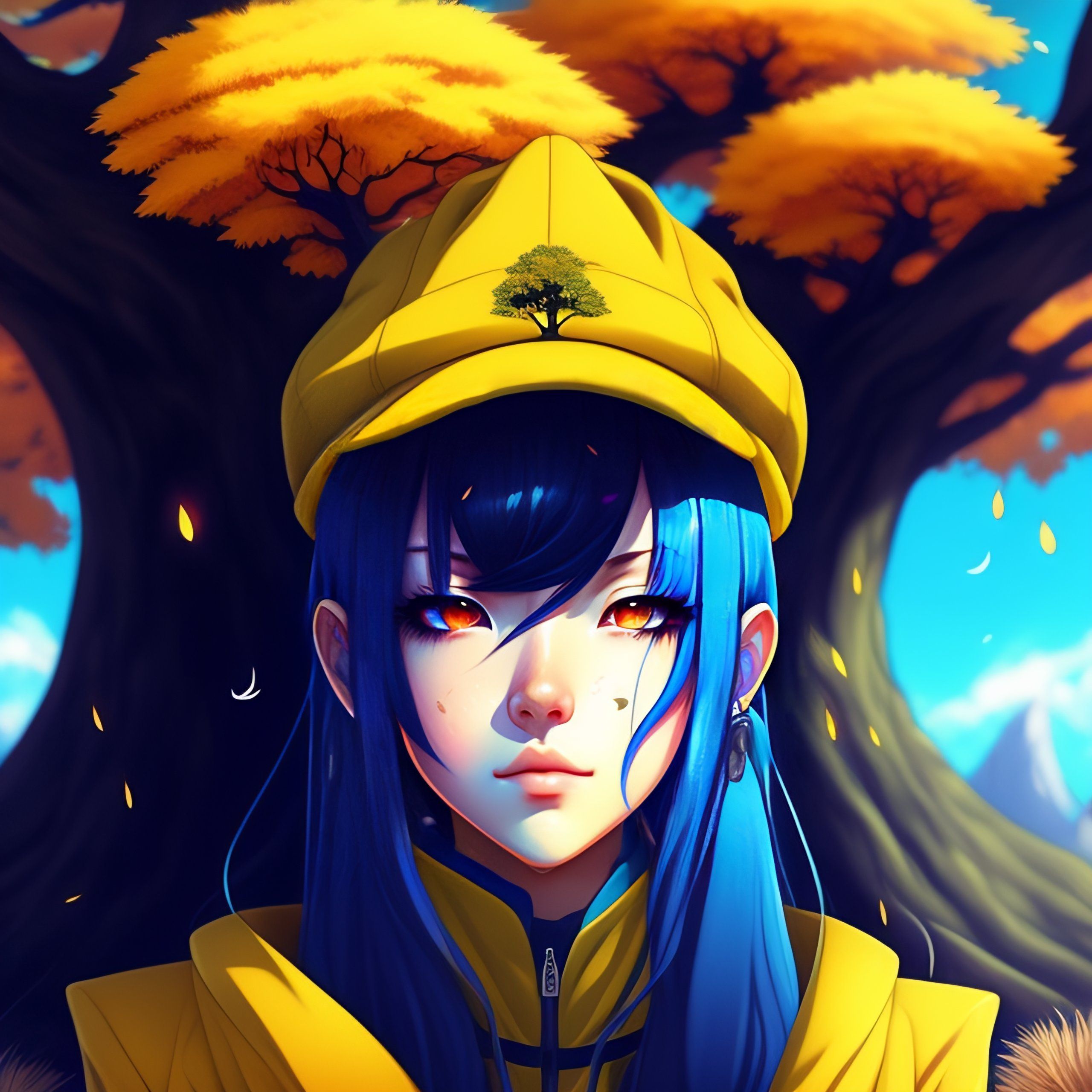 2560x2560 Lexica Album, big tree, horror fantasy, anime style, horror word, beautiful anime girl with yellow coat and blue eyes