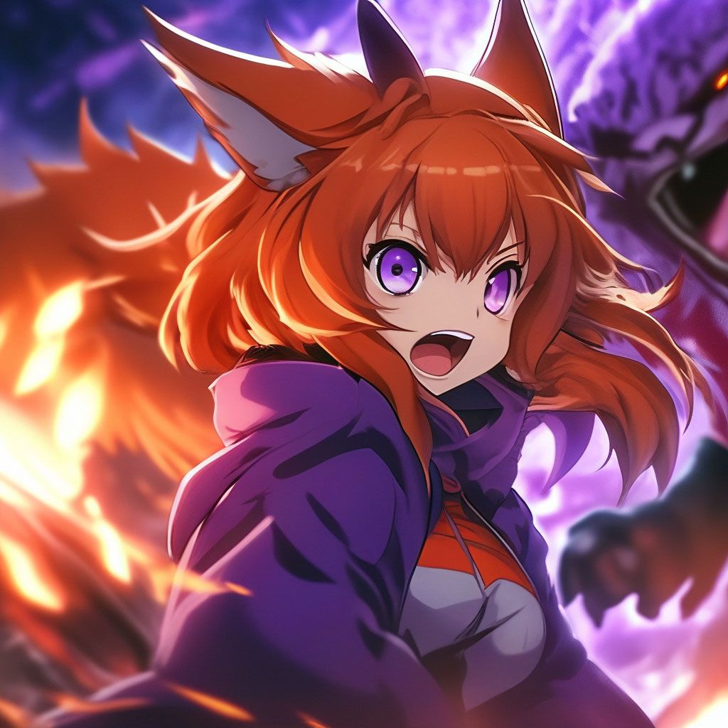 1024x1024 Anime, Fox Girl Monster Screams, Monster Guy Burns, Red Purple Background, Phonk, Purple Eyes, Orange Hair Hair, Hd