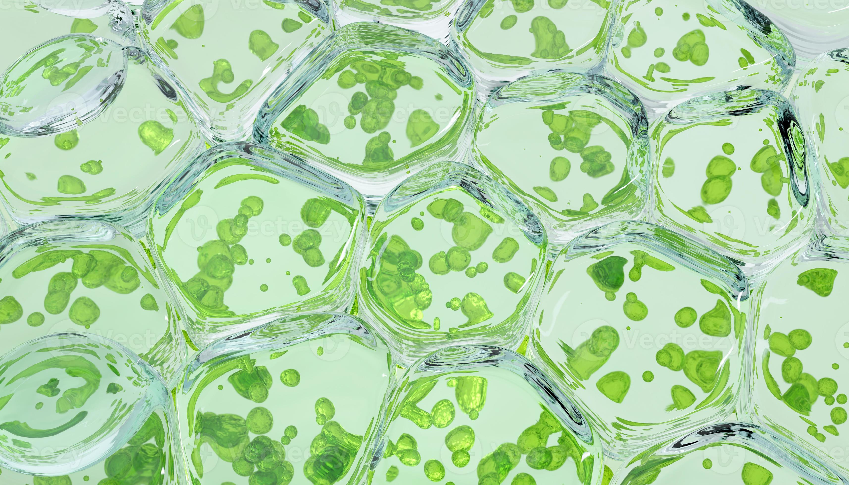 3430x1960 close up macro Nano chlorophyll or chloroplast biotech concept 3D illustration render green background. chlorophyll, chloroplast