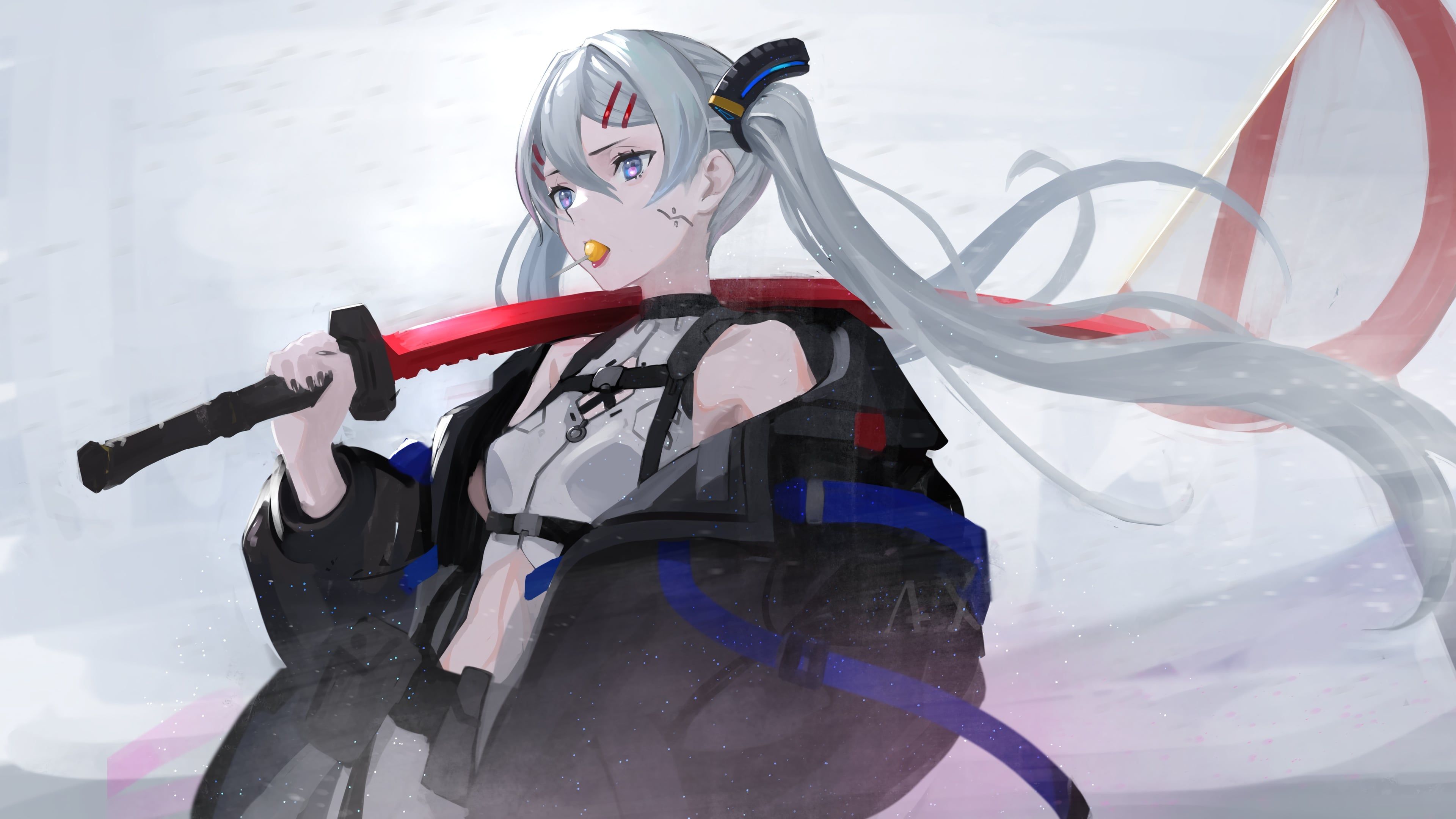 3840x2160 Anime girl white hair with katana Wallpaper 4K for Desktop
