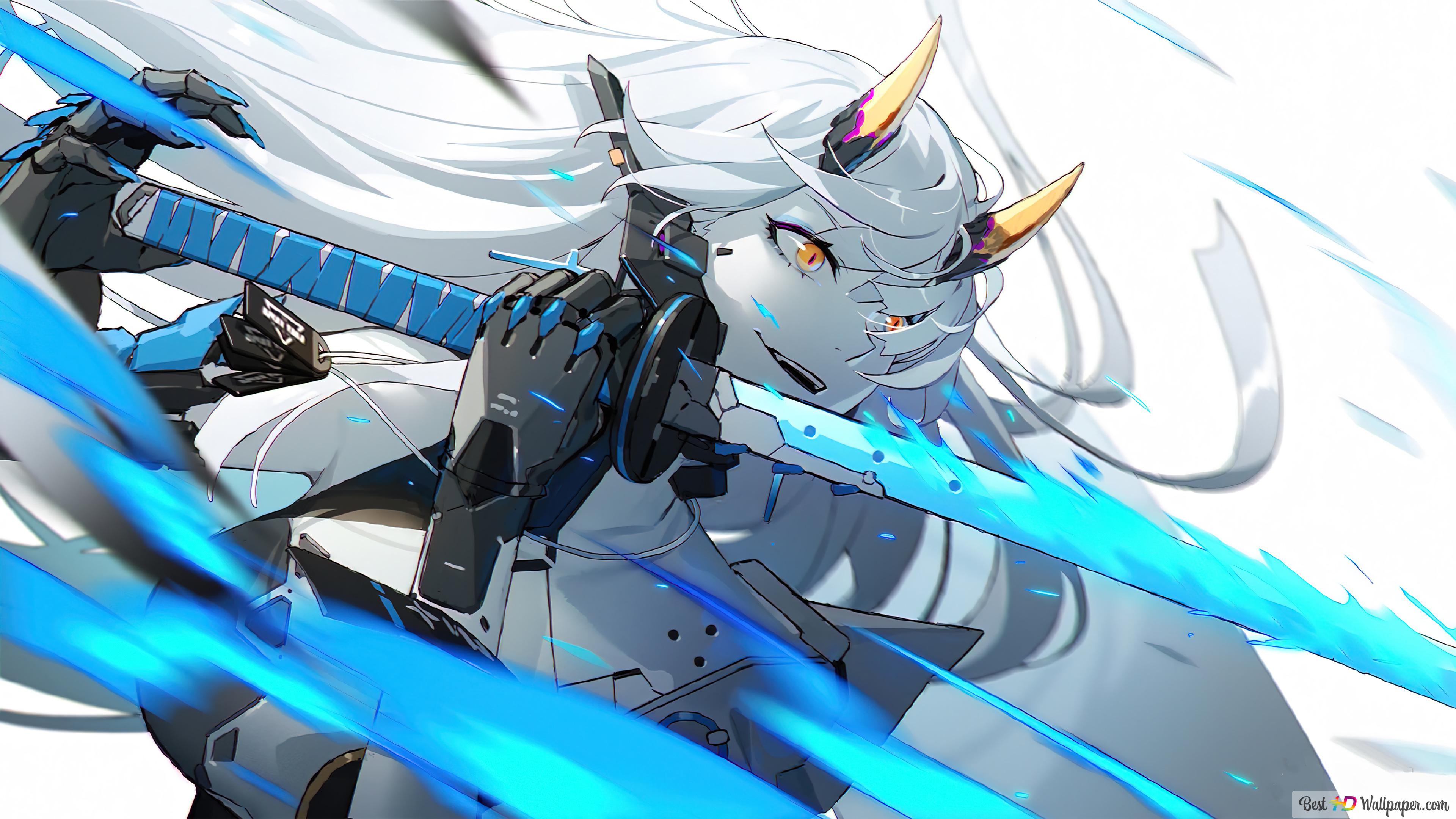3840x2160 Anime Girl White Hair Katana 4K wallpaper download