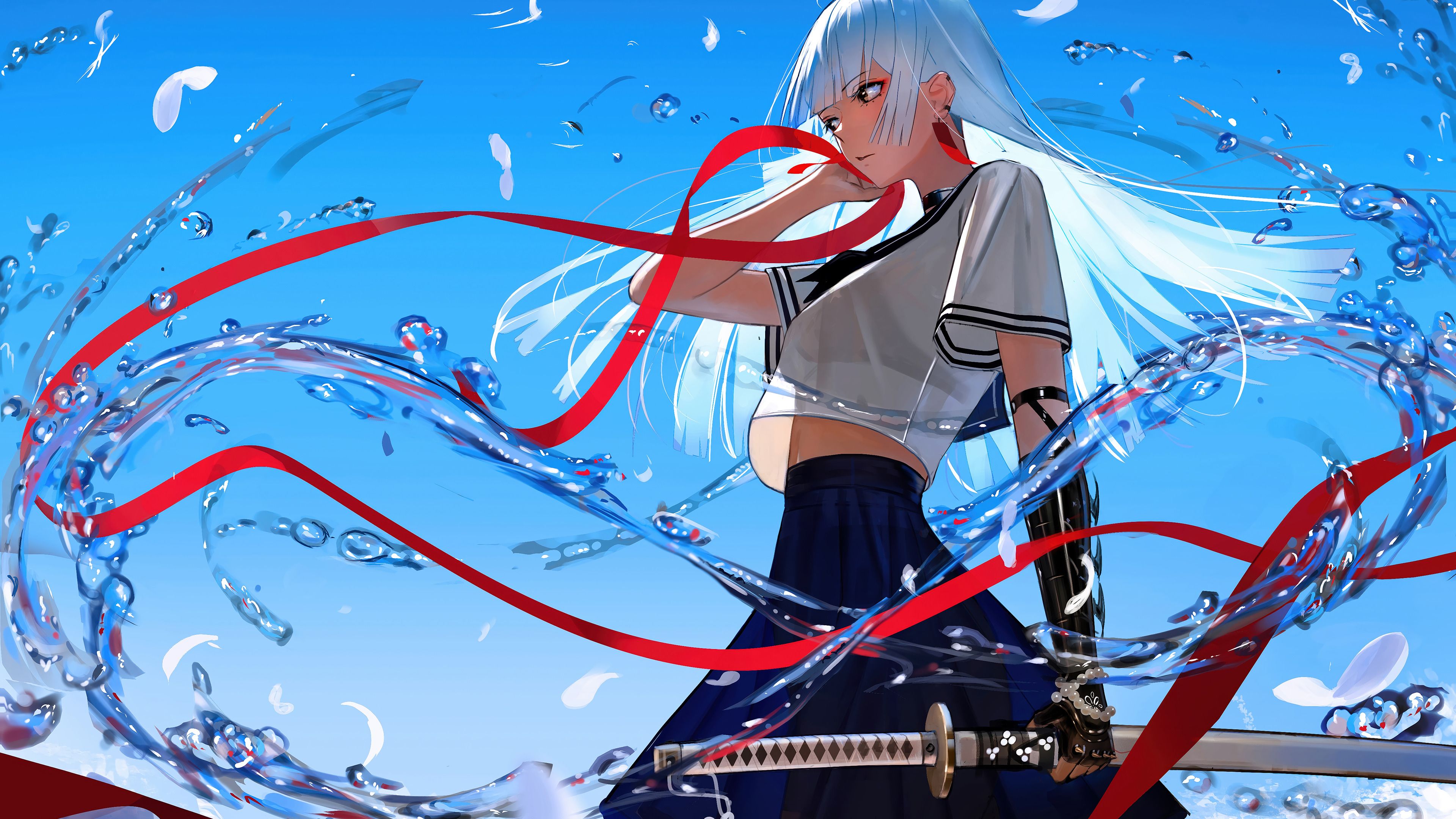 3840x2160 Anime Girl Katana White Hair Student School Uniform Wallpaper 4K HD PC b