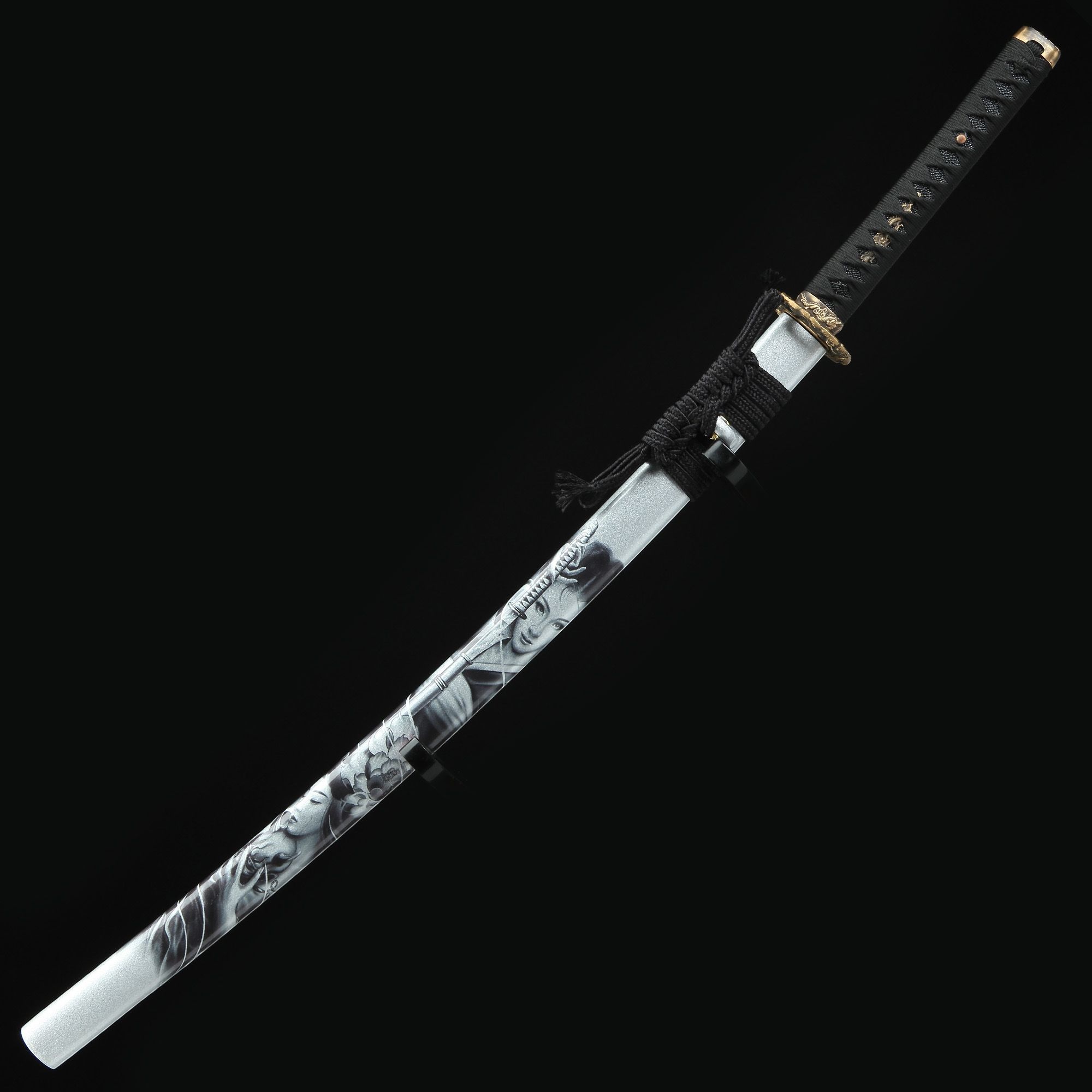 2000x2000 T10 Carbon Steel Katana with White Lacquer Saya, Gold Dragon Tsuba & Black Ito Wrap