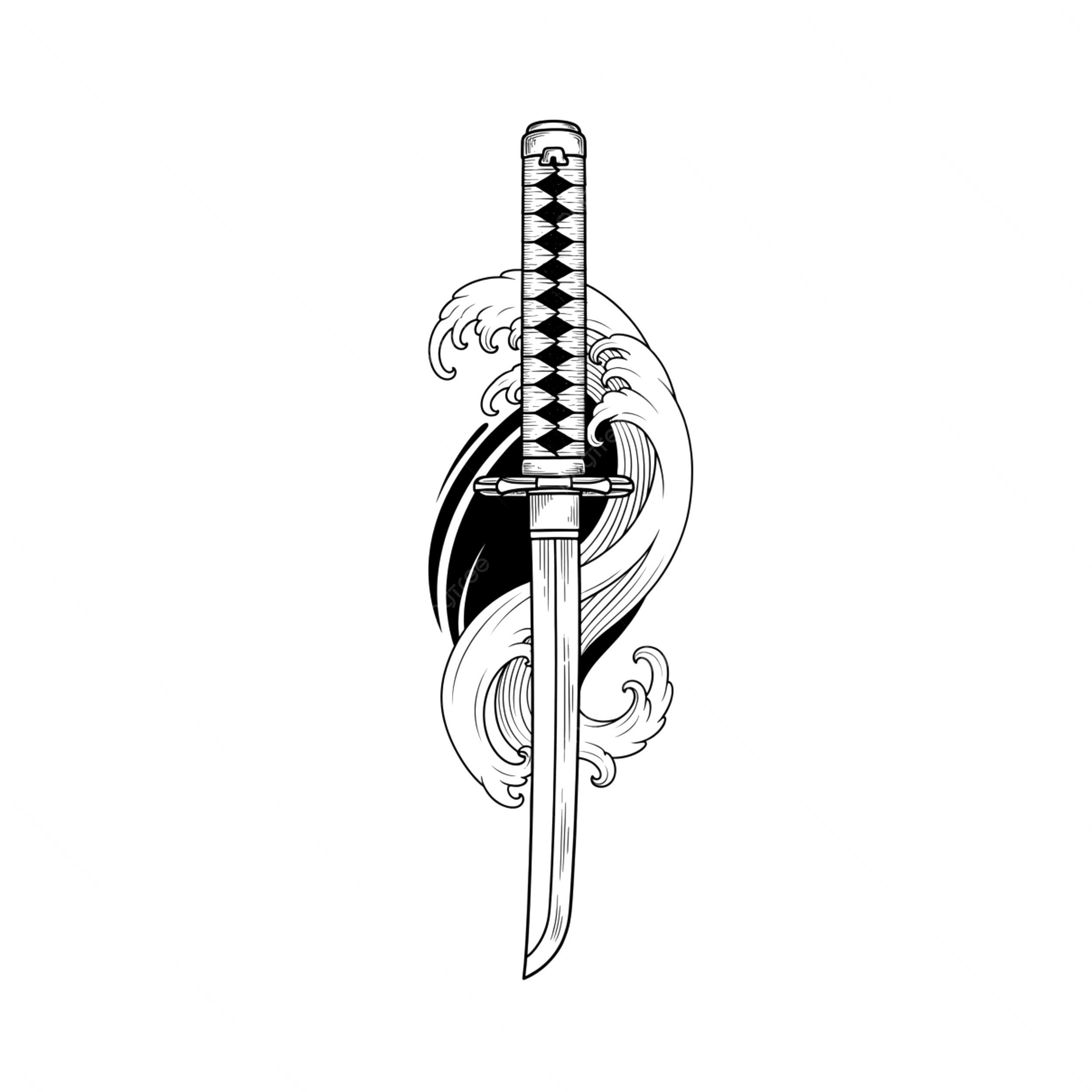 2500x2500 Elegant Japanese Katana Sword Sketch With Wave Element, Japanese Katana, Black And White Sketch, Katana Sword PNG Transparent Image and Clipart for Free Download