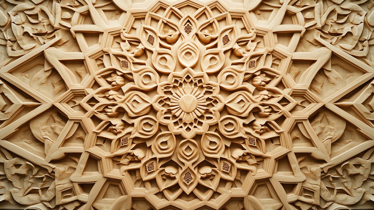 1200x673 Wooden Mandala Mural Wallpaper in Dining Room. Various Shades of Brow