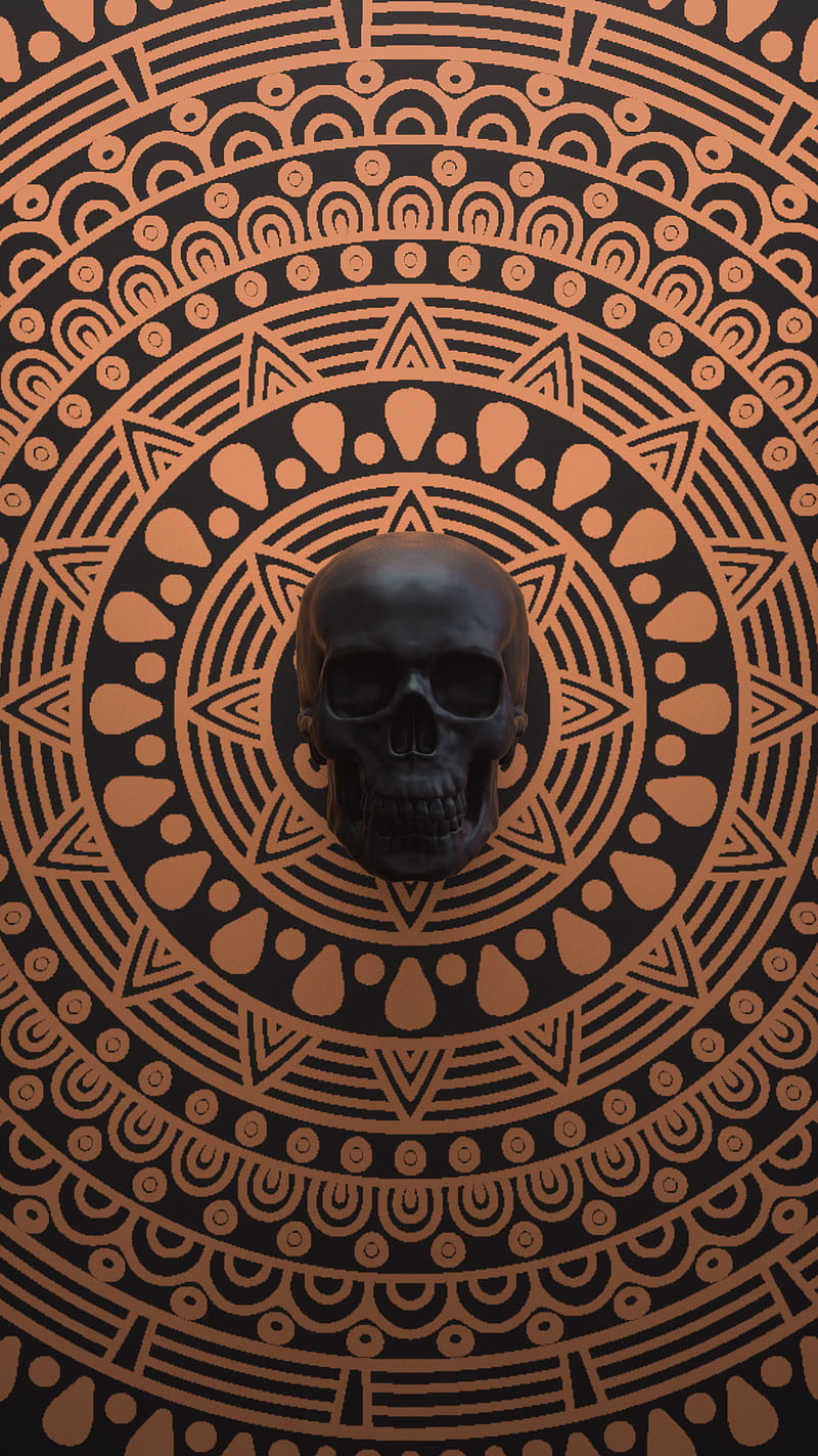 800x1423 Mandala skull, abstract, art, black, brown, digital art, gold, pattern, HD phone wallpaper