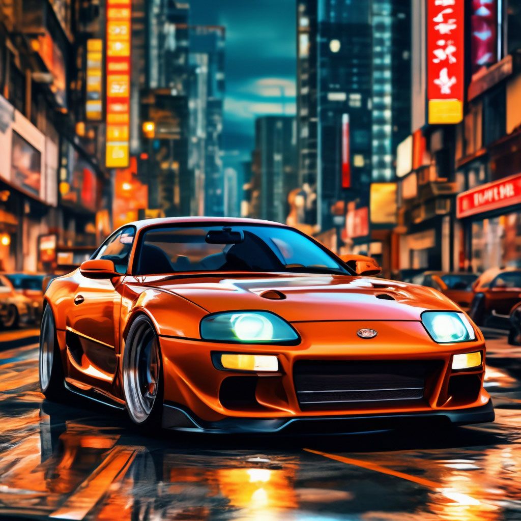 1024x1024 Orange Toyota Supra A background city, pixel art
