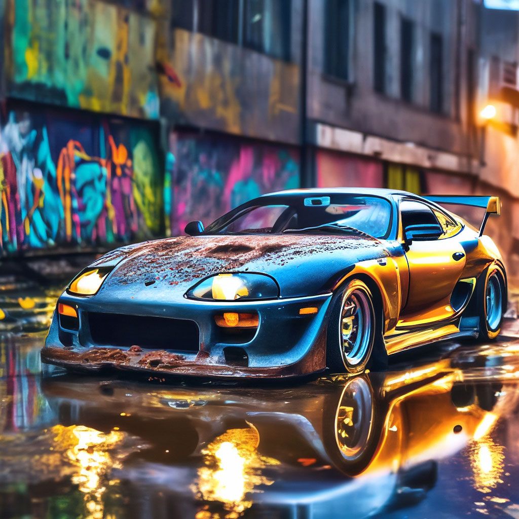 1024x1024 Sad Supra An old, forgotten, unnecessary rusty Toyota Supra A80 stands in a puddle on a dark street, against the