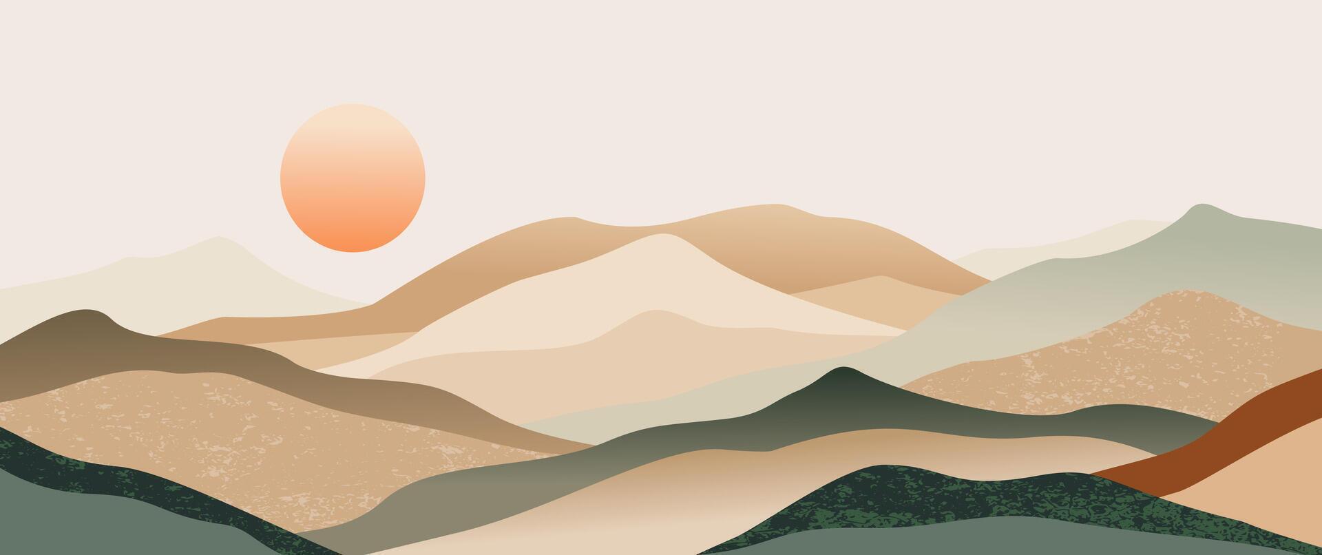 1920x806 Minimalist desert mountain landscape layered hills, warm sunset, earthy textures with contemporary boho style for prints, wall decor, background