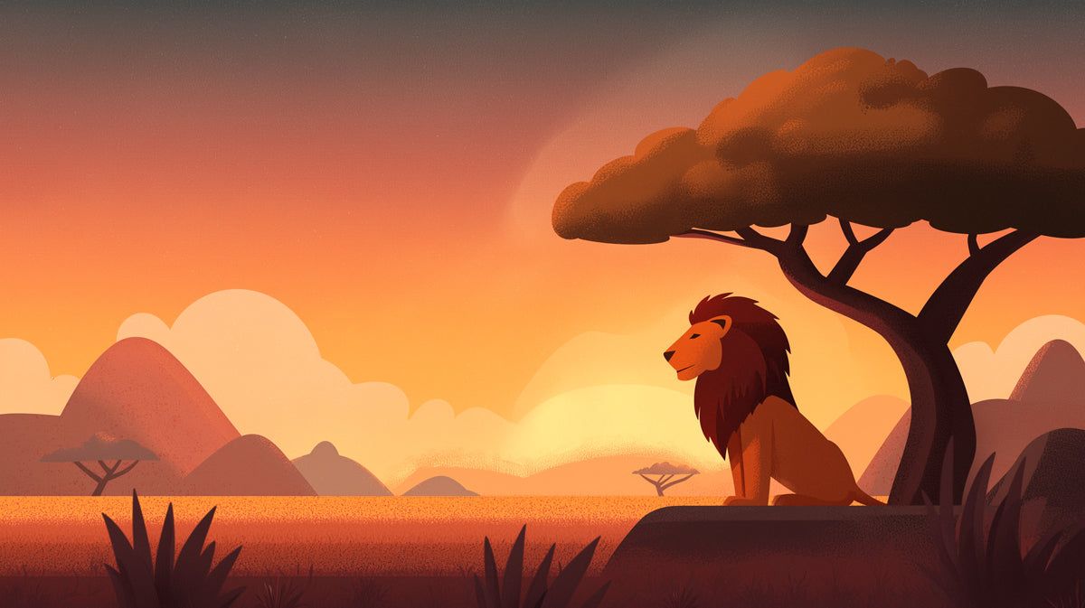 1200x673 Lion at Sunset Savannah Mural. Flat Design, Warm Orange Tones, Minima