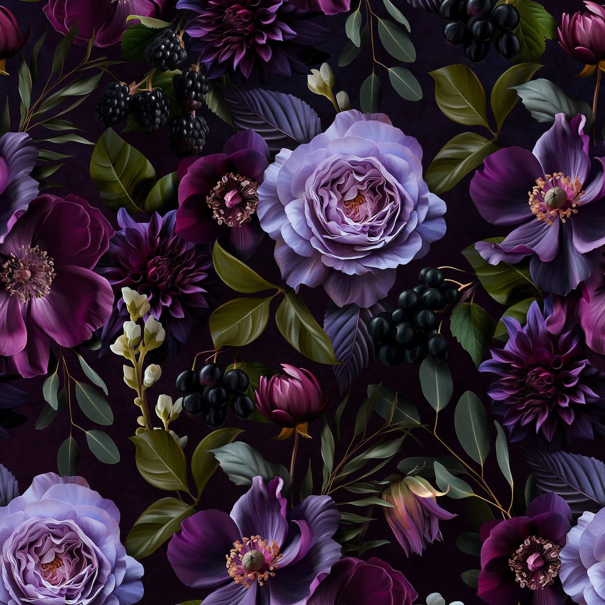 1214x1214 Dark Floral Wallpaper. Gothic Elegance & Bold Botanical Design