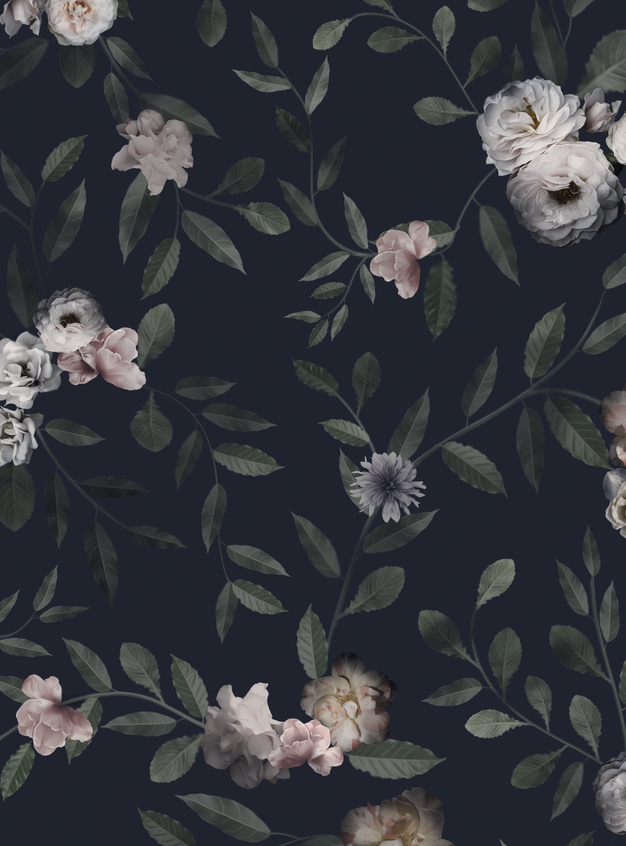 2000x2700 Dark Floral Mural Wall Art Wallpaper, Small Sample 8 x 11 inches / Dark White Pink / Fabric Peel and Stick
