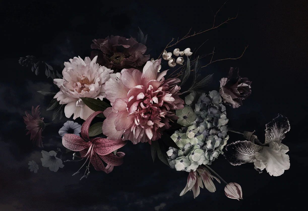 1222x840 Dark Floral Bouquet Mural Wallpaper