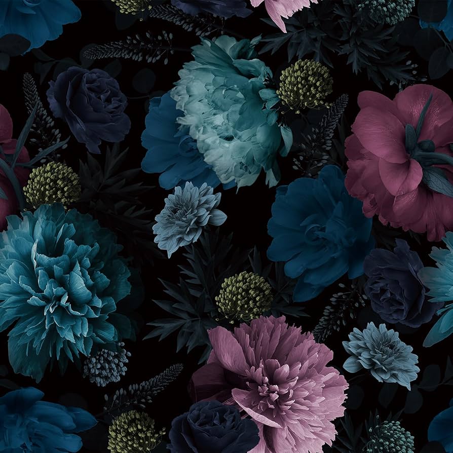 894x894 Livelynine Floral Wallpaper Peel and Stick Dark Moody Navy Blue Flowers Pink Peony Black Floral Wall Paper for Bathroom Purple Olive Green Vintage Contact Paper Renter Friendly Vinyl Dark 17.5x78.8