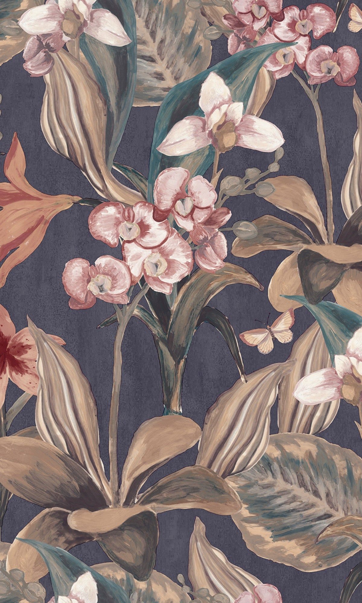 1200x2000 Dark Blue Hand Painted Orchids Floral Wallpaper R8143