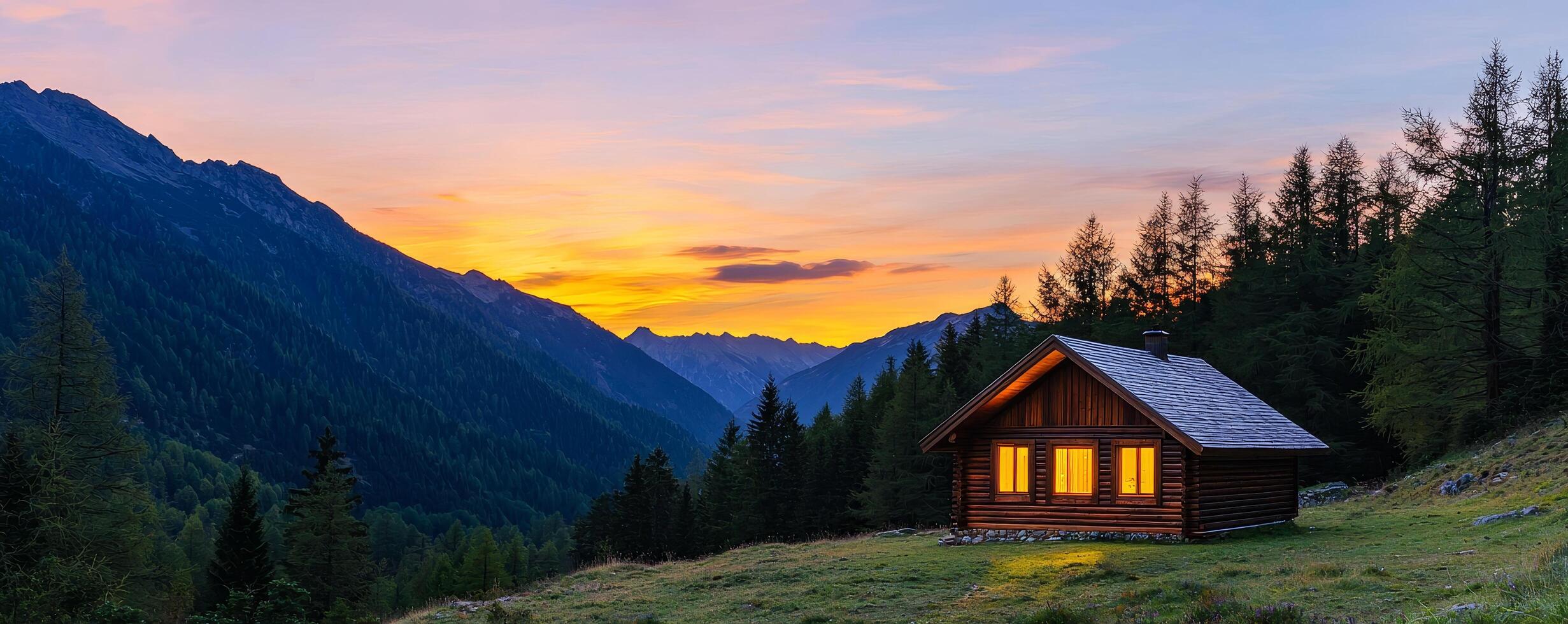 2462x980 Serene cabin in the mountains at sunset with vibrant sky colors. Sunsets and sunrises aesthetic, twilight, peaceful, atmosphere, cloudscape concept