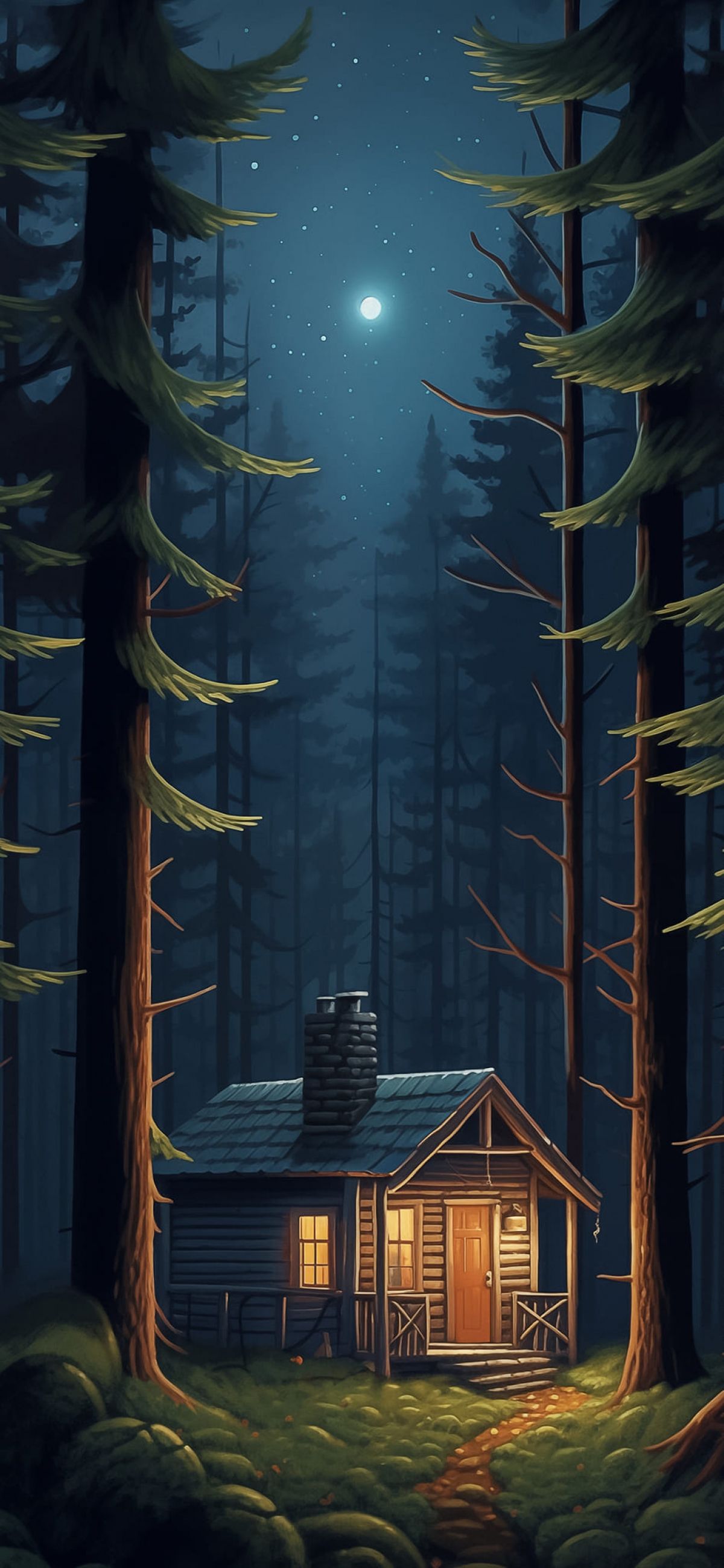 1200x2597 Cute Dark Anime Hand Drawn Log Cabin At Night Aesthetic