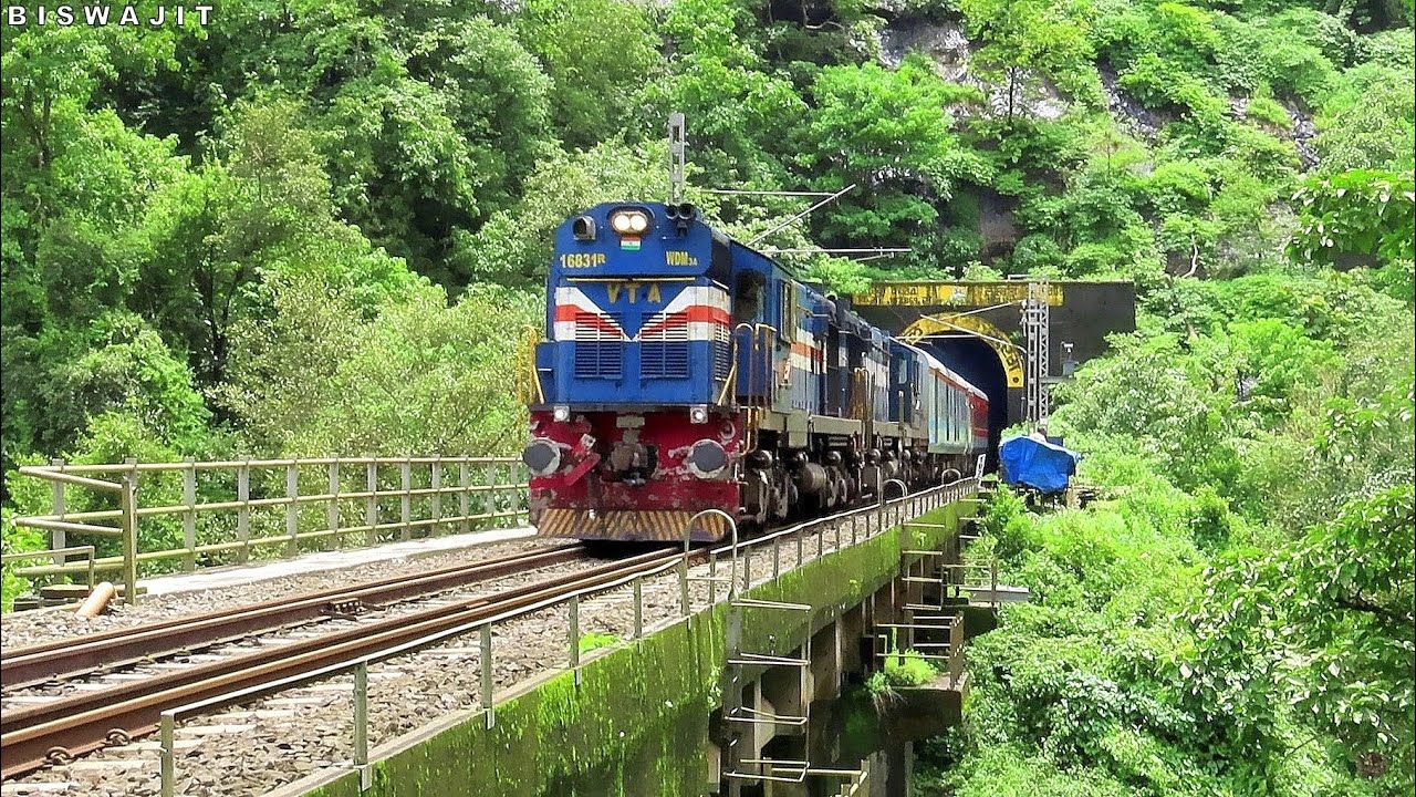 1280x720 Trains over Beautiful Waterfalls Bridge. Twin Diesels Goa RAJDHANI : Monsoon Konkan Railway