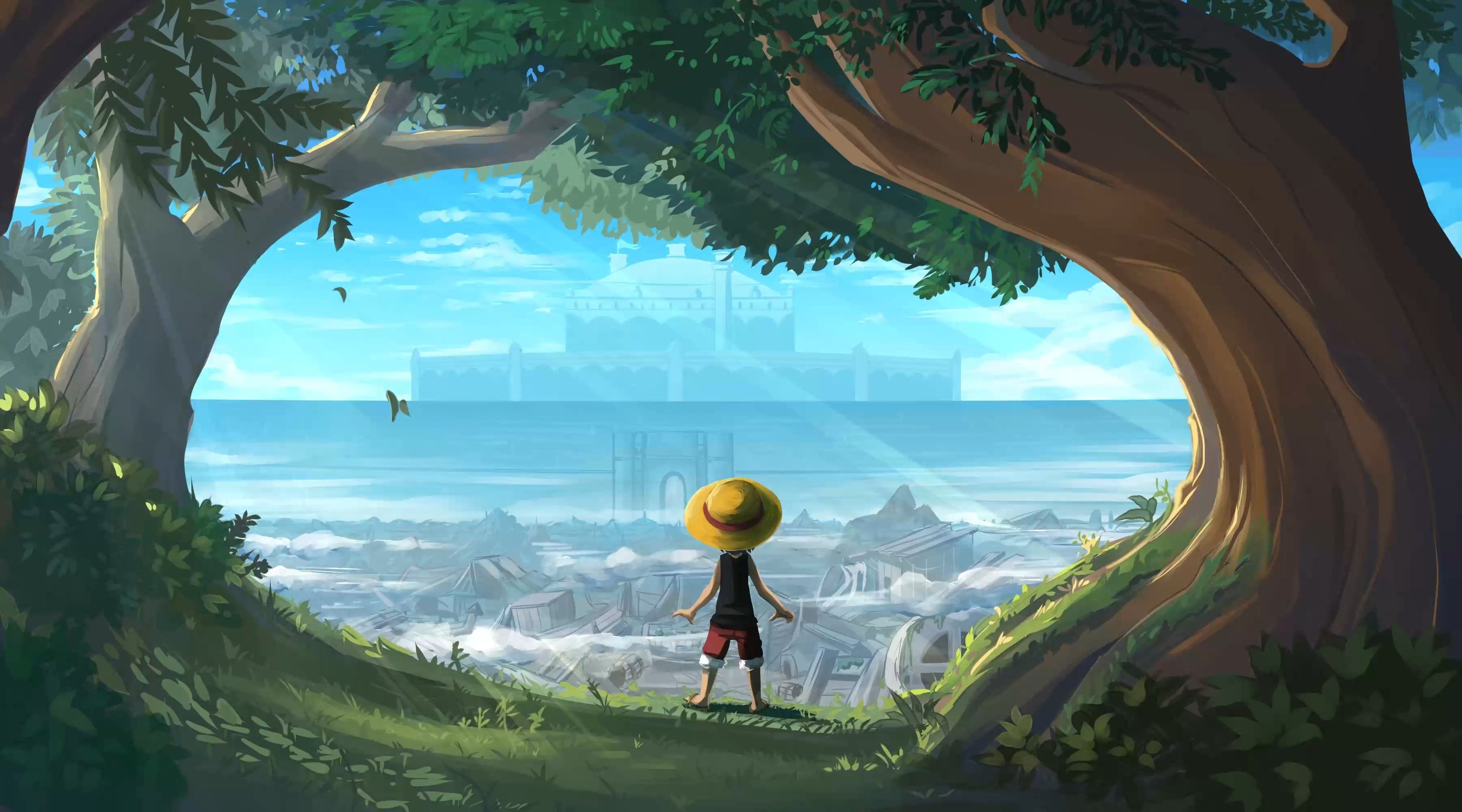 3600x2000 I've animated the illustration called The edge of the forest, by Sheylog, and I can't stop thinking that it could be the background for the home of a Luffy video game