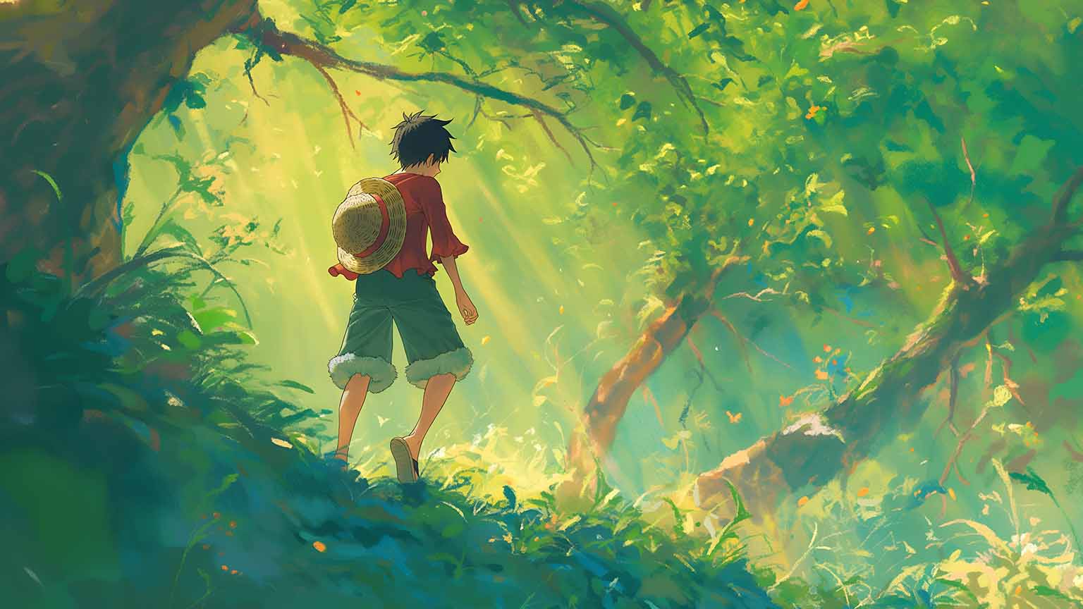 1536x864 Ghibli Style Luffy Serene Forest Desktop Wallpaper