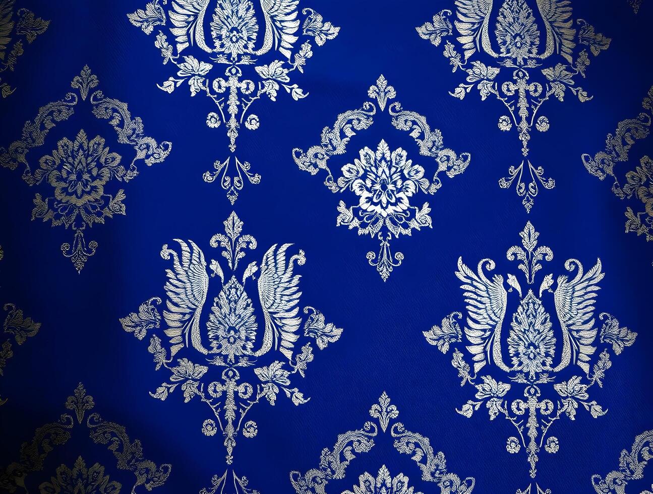 1295x980 Royal Blue Damask Pattern Elegant Silver Filigree Textile Design Luxurious Fabric Texture Vintage Wallpaper Background