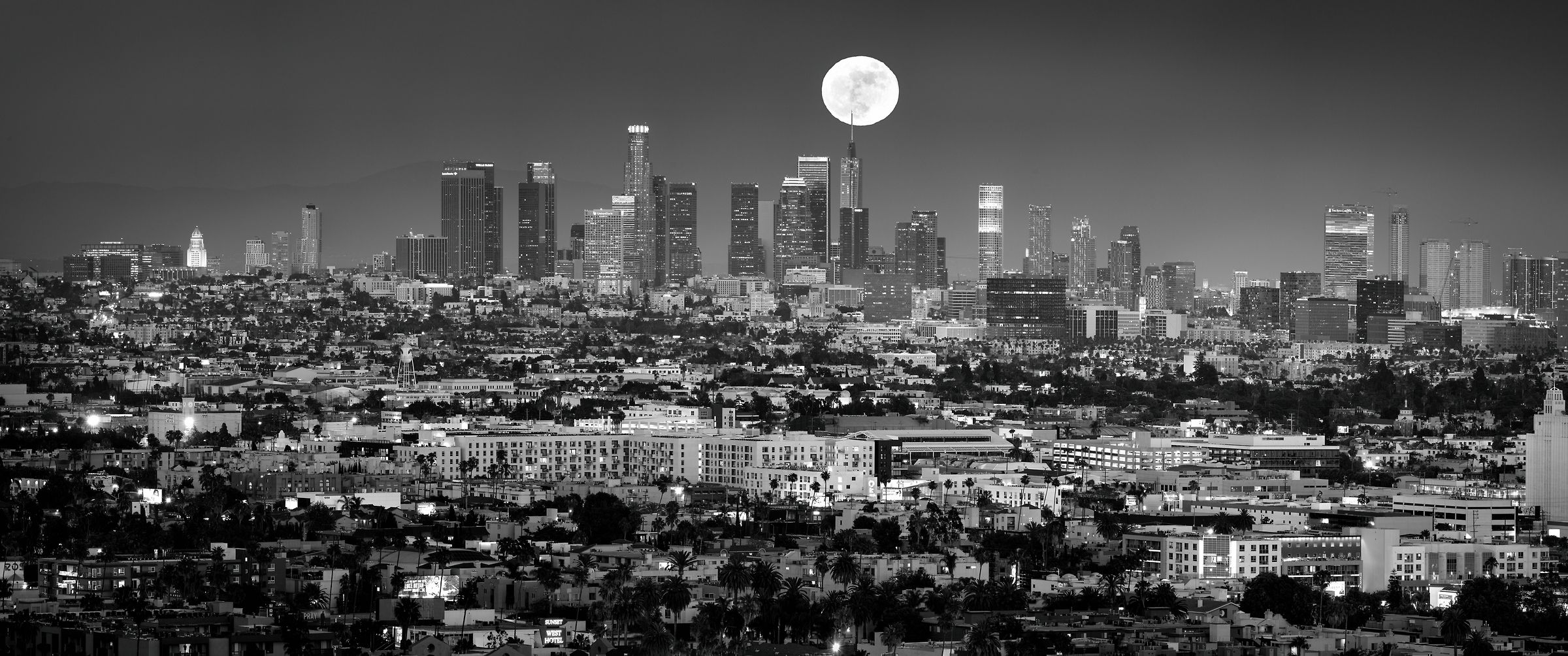 2400x1004 Black & white Los Angeles skyline photo