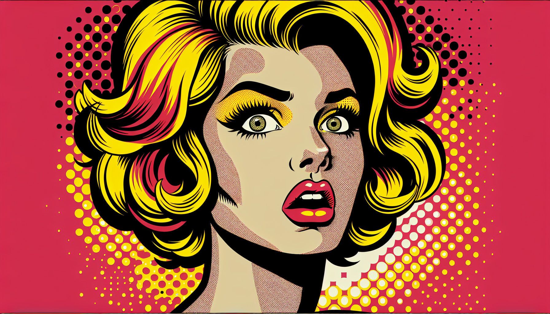 1792x1024 Comic Strip Mural Wallpaper. Pop Art Blonde Woman on Bright Red Background