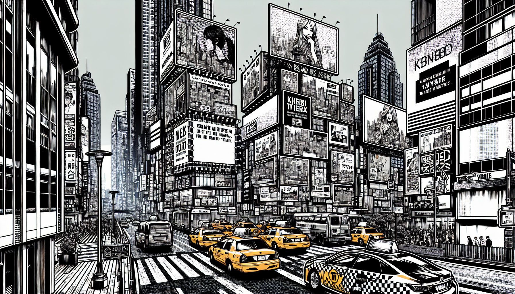 1792x1024 City Mural Wallpaper. Black and White Comic Strip with Yellow Taxis