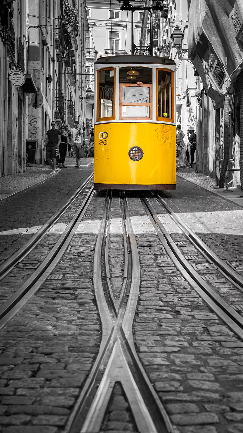 800x1422 Tramway, tram, train, yellow, road, HD phone wallpaper
