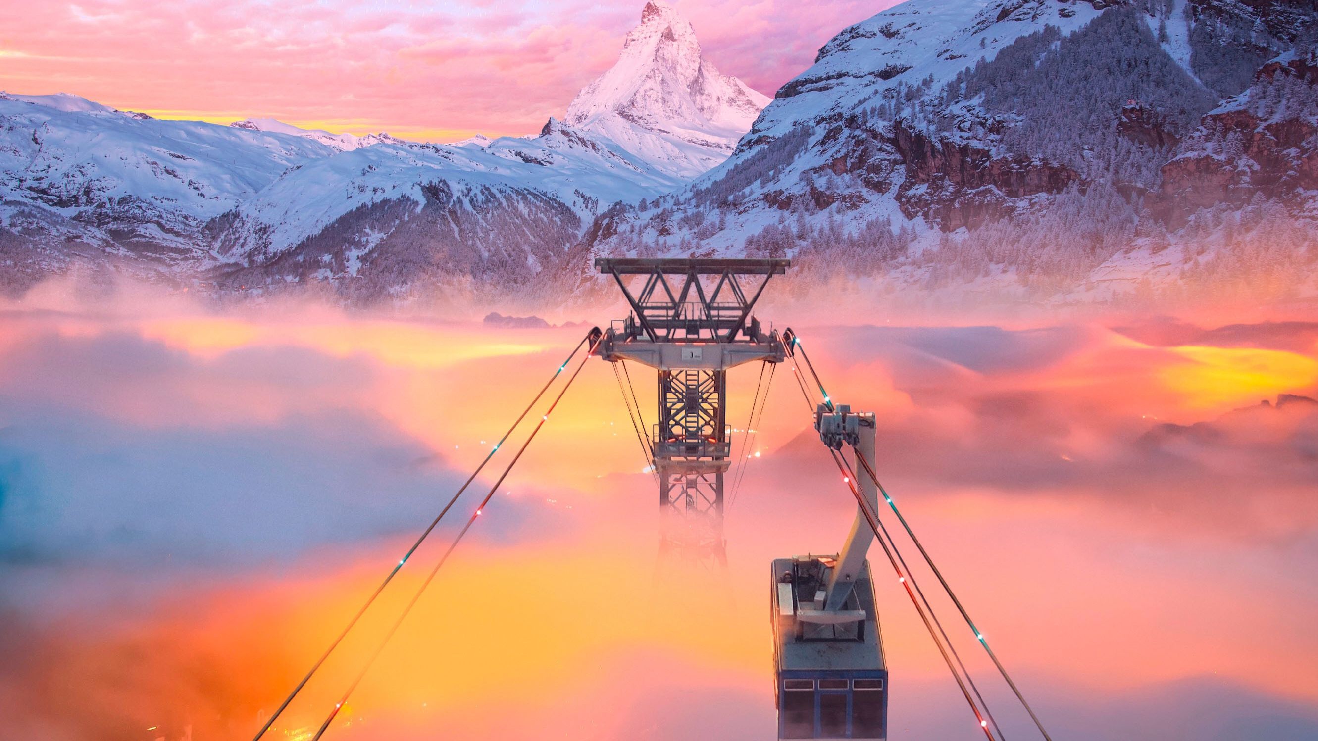 2662x1497 Aerial tramway mountains at sunset Wallpaper 2K for Desktop