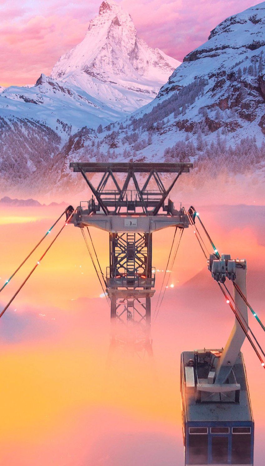 850x1497 Aerial tramway mountains at sunset Wallpaper 2K for iPhone and Mobile Phone