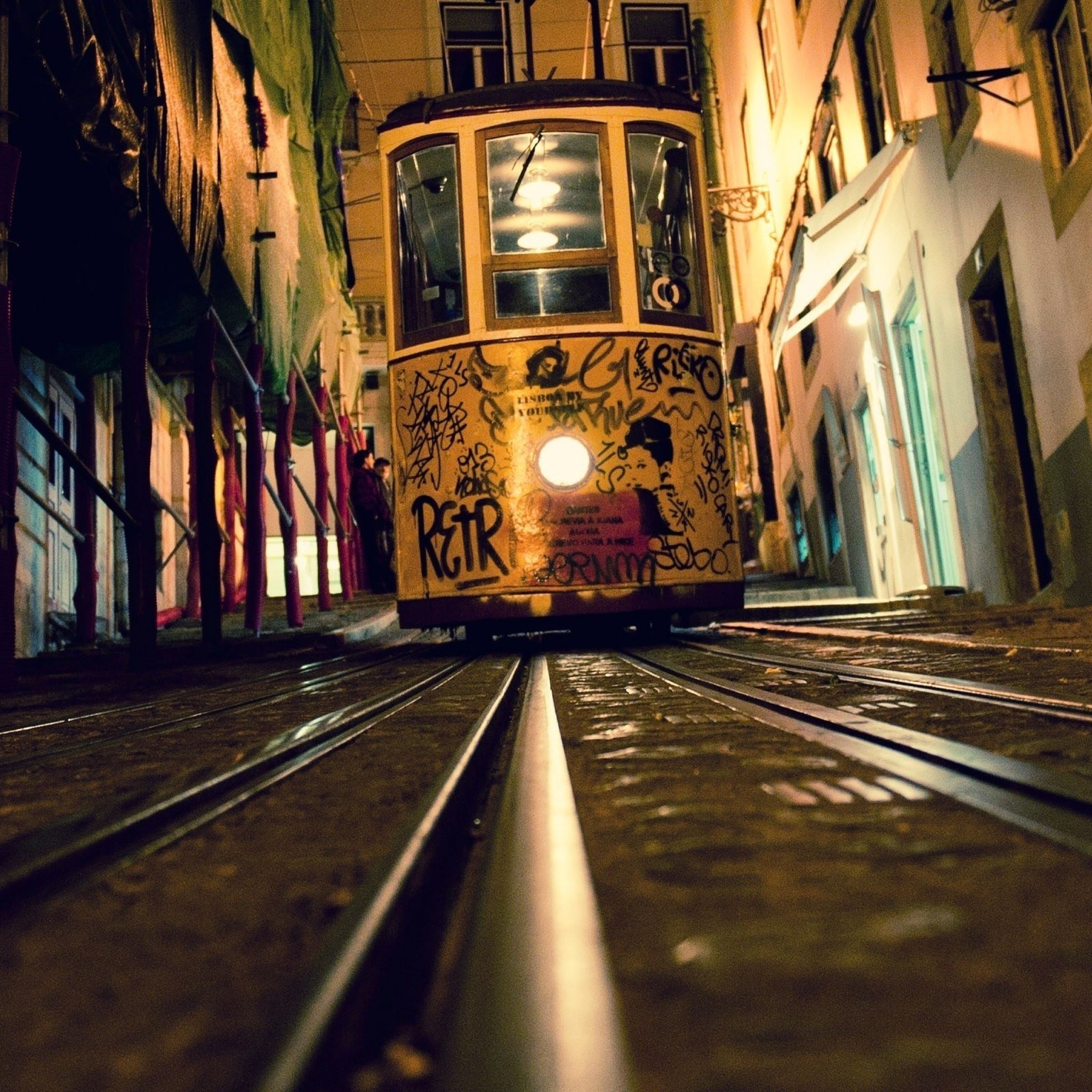 2048x2048 Tram Rails Night City Street Wallpaper for iPhone Pro Max, X, 6