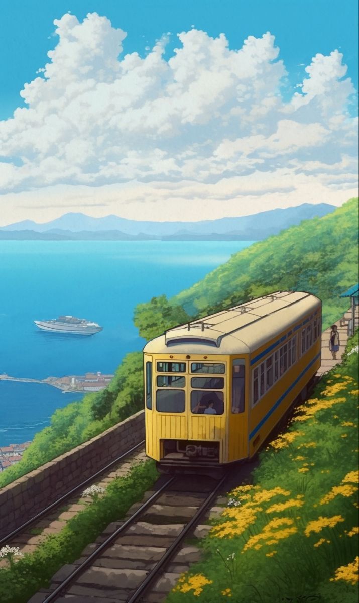 715x1200 Tramway on the hill. Art studio ghibli, Univers manga, Fond d'ecran dessin