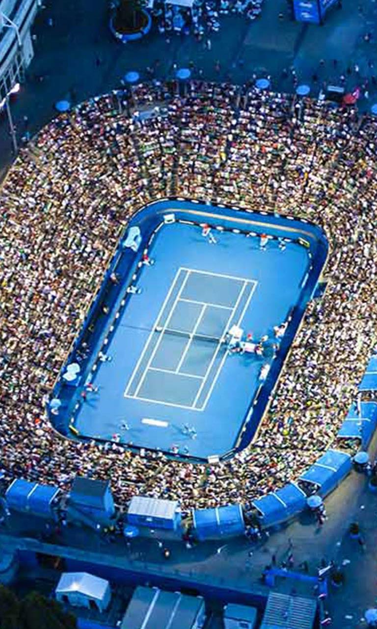 768x1280 Dusk aerial view of Rod Laver Arena at the Australian Open tennis tournament