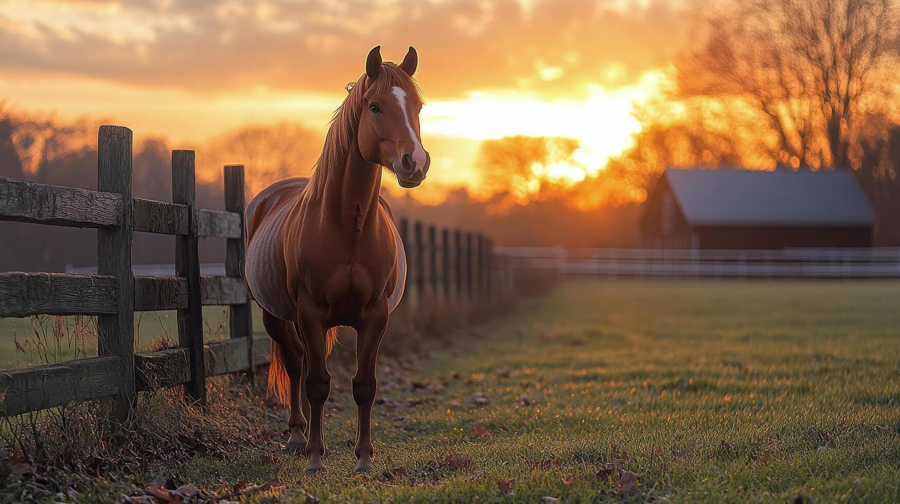 1749x980 Beautiful chestnut horse standing in a field at sunset with a barn in the background