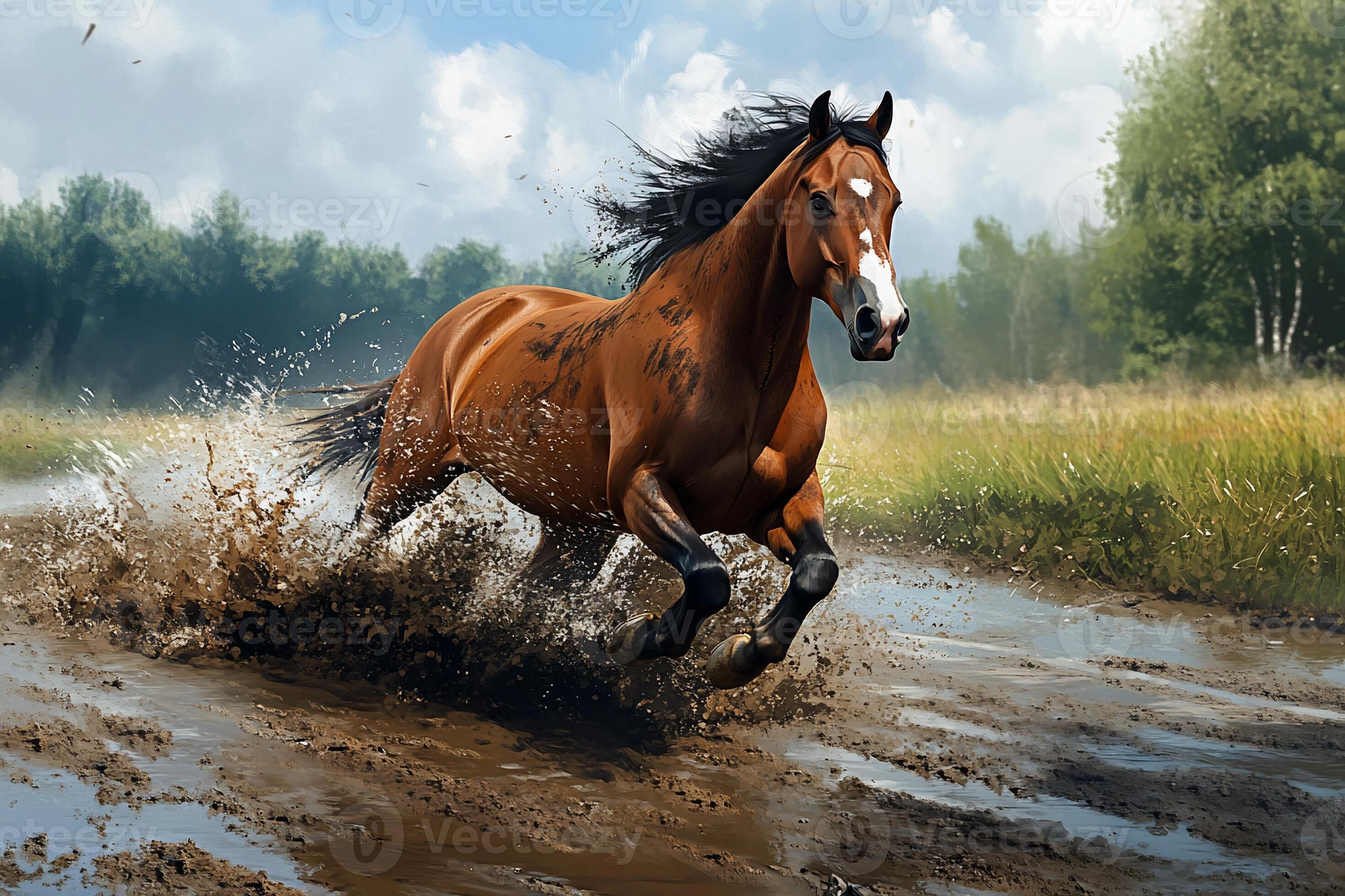 2940x1960 Chestnut horse galloping through muddy water
