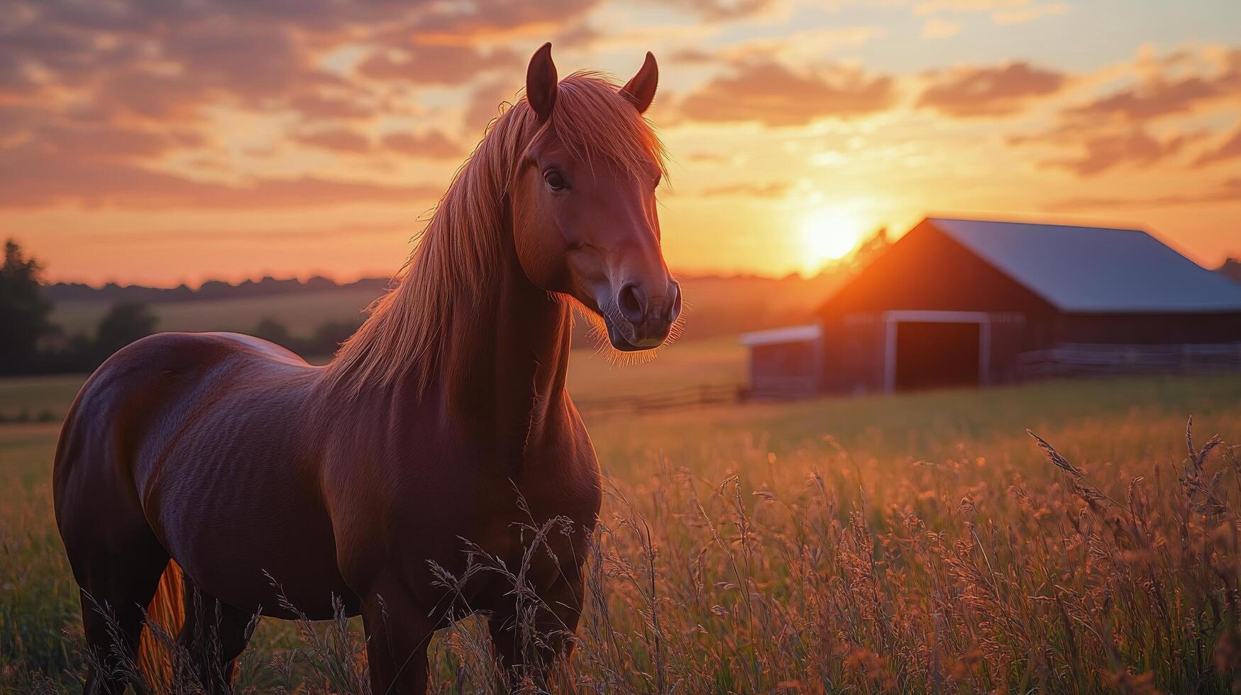 1749x980 Beautiful chestnut horse standing in a field at sunset with a barn in the background