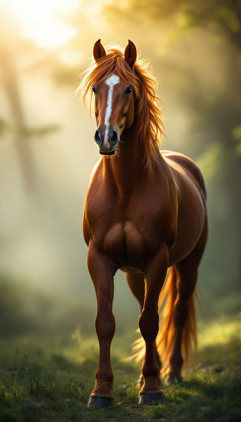 768x1344 Free Majestic Morning Horse Image, Chestnut, Sunrise