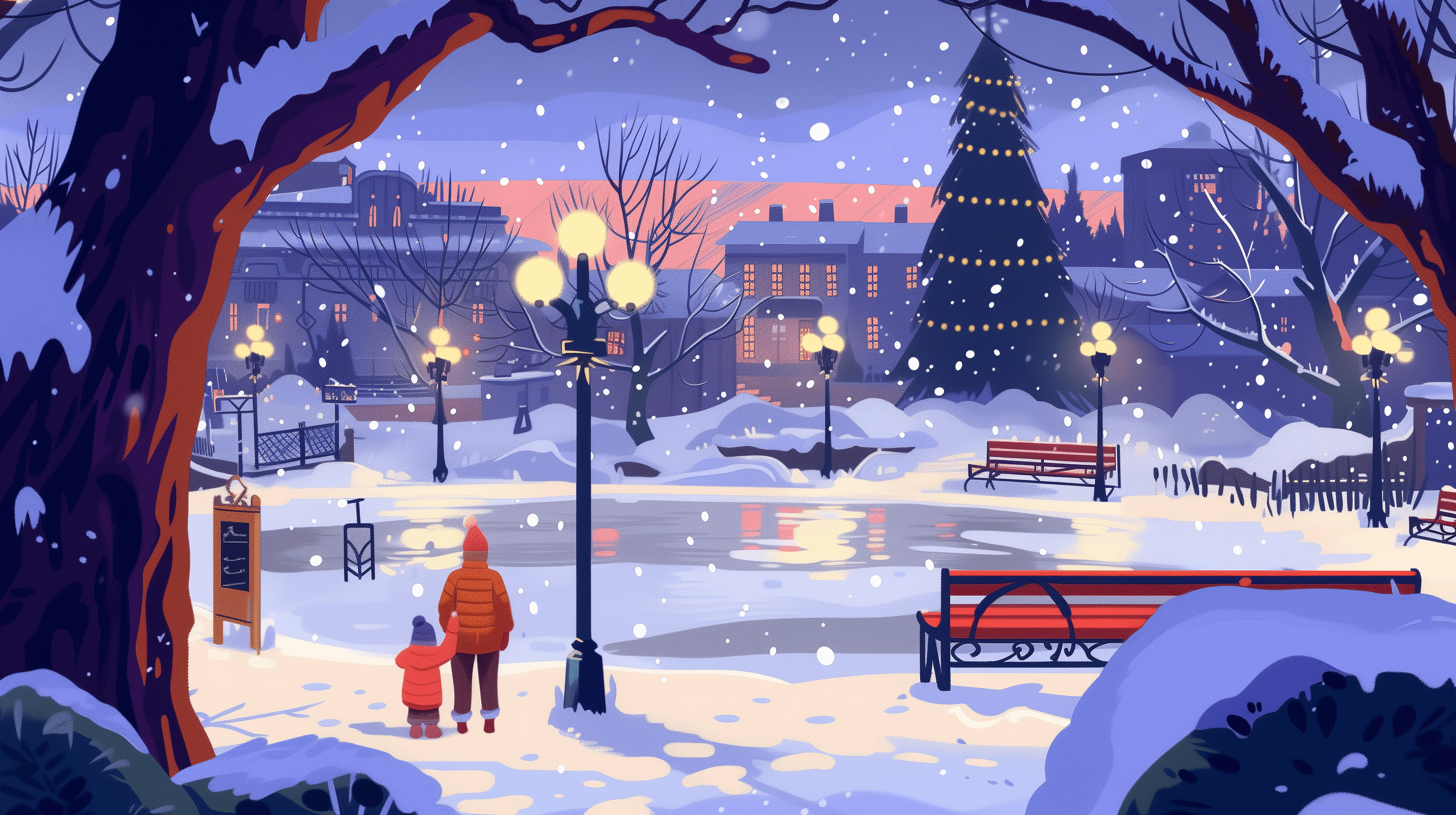 2912x1632 Winter Wonderland: Snowfall in Enchanted Park Wallpaper