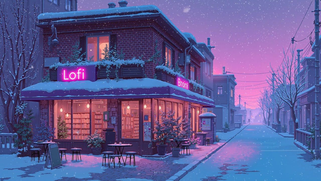 1280x720 Peaceful Snowy Lofi Café ❄️ Cozy Winter Street Ambience. Lofi Hiphop Japanese Lofi for Relax, Calm