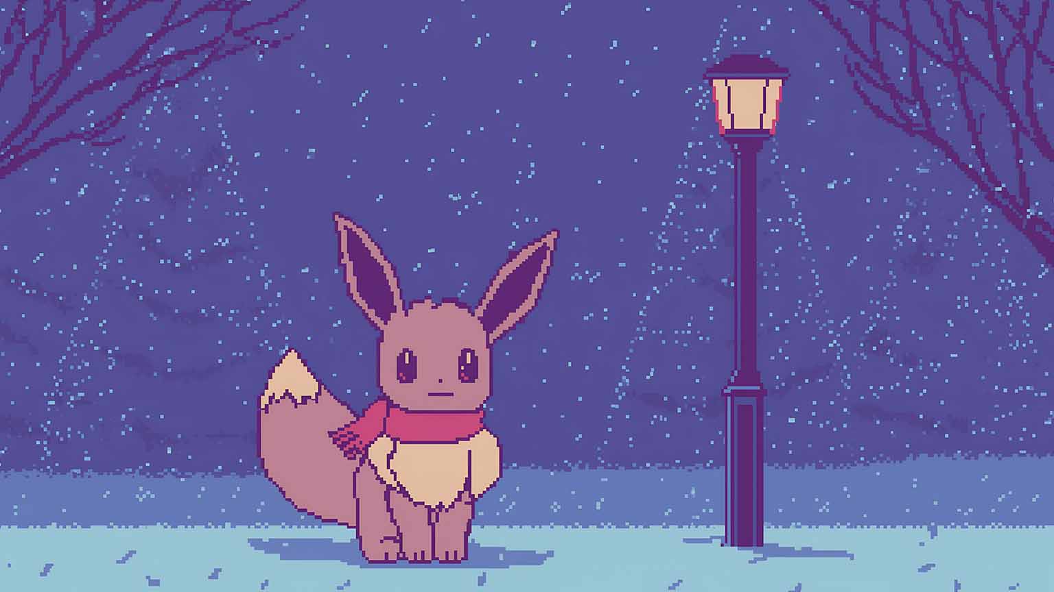 1536x864 Free Pokemon Eevee Lofi Pixel Winter Park Desktop Wallpaper
