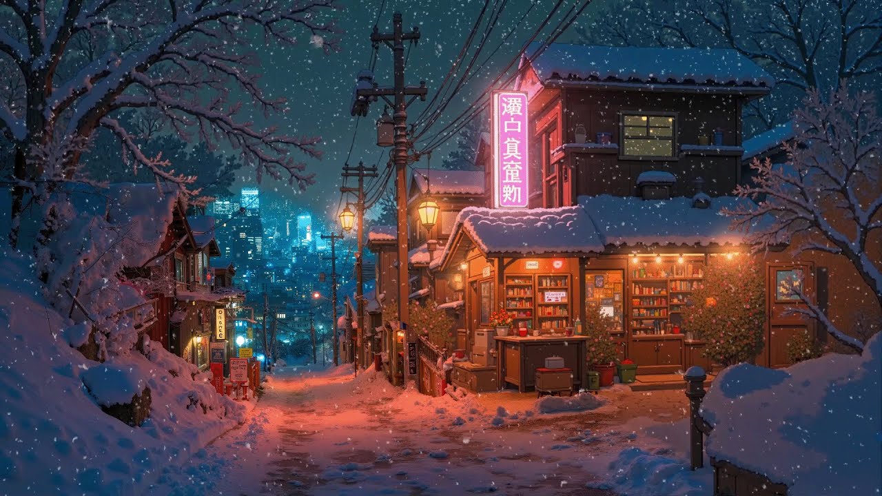 1280x720 City Night Snow ❄️ Heavy Snowfall in Japanese ☕ Lofi Hip Hop Beats for relax, work