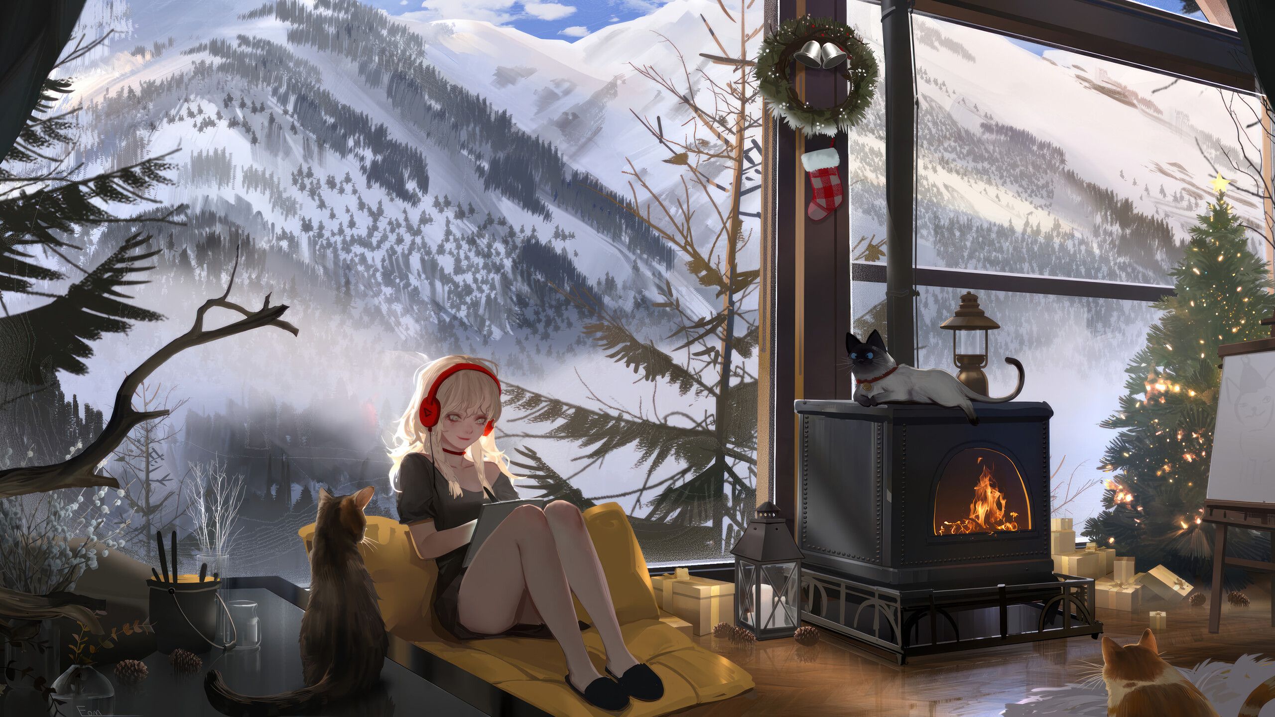 2560x1440 Anime Girl Cat Christmas Tree Snow Mountain Wallpaper 4K HD PC i