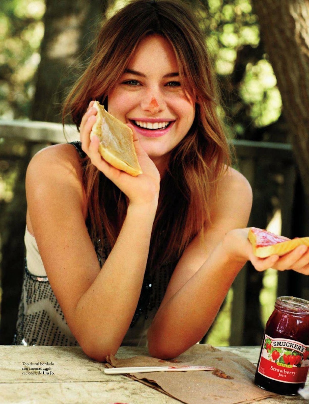 1225x1600 women, brunette, smiling, women outdoors, model, Camille Rowe, looking at viewer, food, portrait display, textx1600 Wallpaper