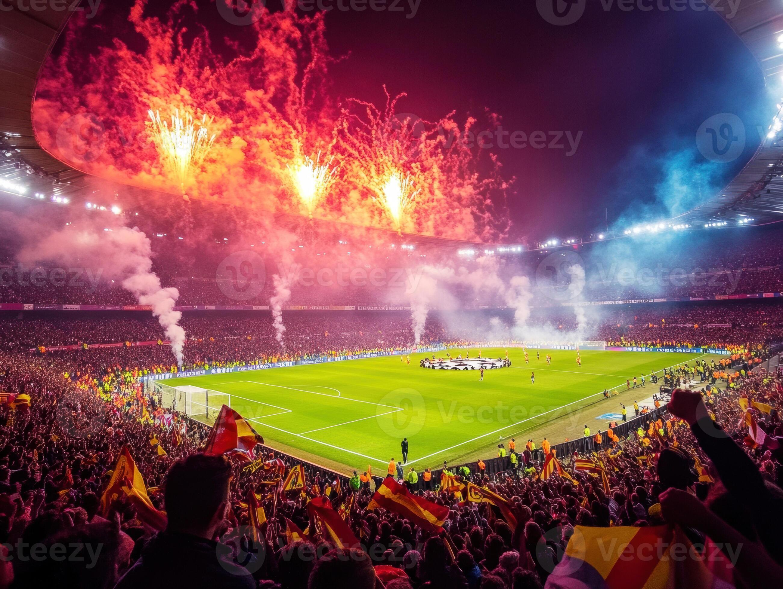 2602x1960 Exciting soccer match with fireworks and cheering crowd at stadium