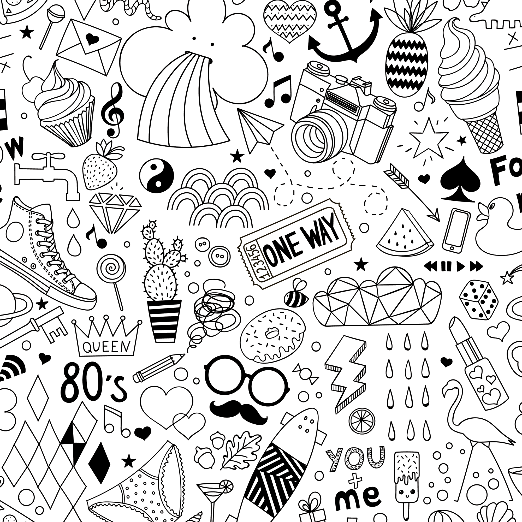 2000x2000 Color Me Party Favor Black & White Doodle Removable Wallpaper 25” wide by 64” high / Traditional