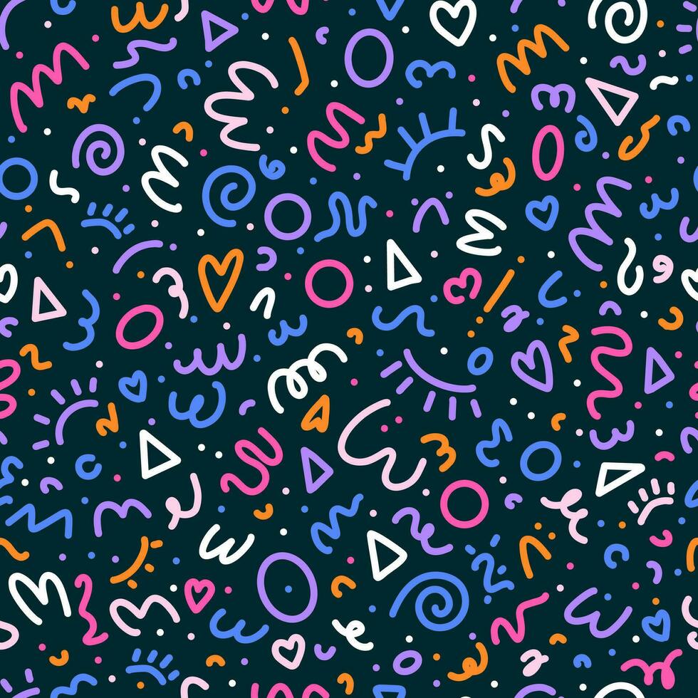 980x980 Colorful 90s seamless pattern. Squiggle kid background, doodle minimalistic wallpaper with basic forms and lines. Vector scribble backdrop