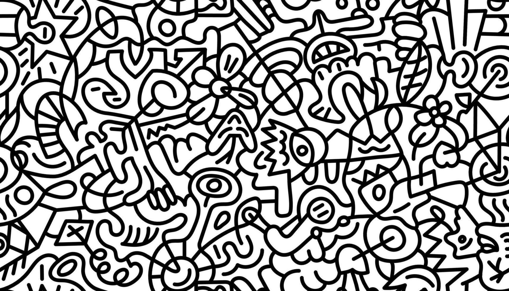 1715x980 Abstract linear doodle seamless pattern. Black bold marker outline chaotic endless print on white background. Modern trendy design with scribble shapes. Contemporary monochrome art graphic wallpaper