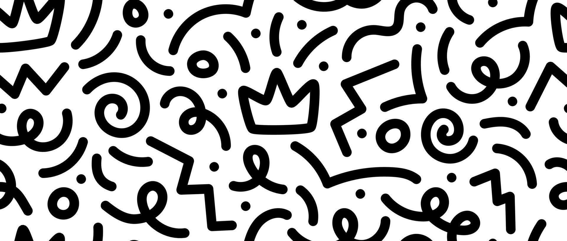 1920x815 Funky doodle squiggly lines seamless pattern. Black and white childish scribble repeating background. Childish shapes and curved wavy stripes wallpaper